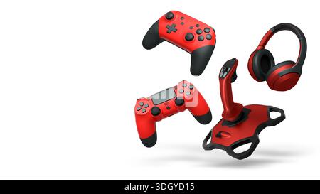 Floating gaming accessories like controllers, joystick, and headphones isolated on white background with clipping path, concept of gaming Stock Photo