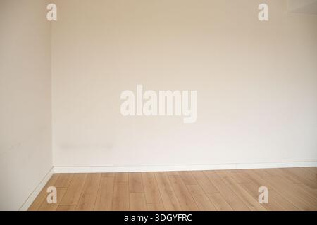 Empty room with wooden floor and white walls in bright light Stock Photo