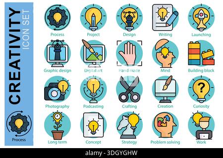 Creativity icon set. Colored outline icon style. Containing icon process, project, problem solving and more. Creativity element vector illustration Stock Vector