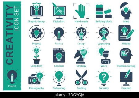 Creativity icon set. Solid icon style. Containing icon process, project, problem solving and more. Creativity element vector illustration Stock Vector