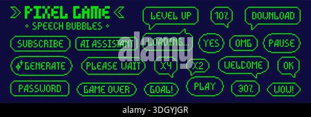 Pixel art set of speech bubbles. Green simple elements on dark background. Stock Vector