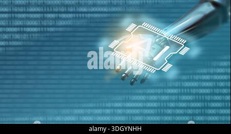 Robot hand holding a microchip with the letters AI in a digital environment Stock Photo