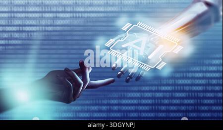 Hands of a human and a robot reach towards each other in a digital setting with binary code Stock Photo