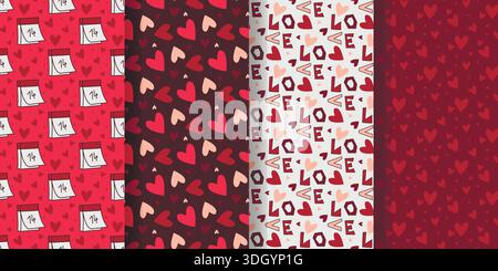 Collection of Valentines Day prints. Romantic seamless patterns. Backgrounds with hearts, the text love and calendar. Repeating templates for textiles Stock Vector