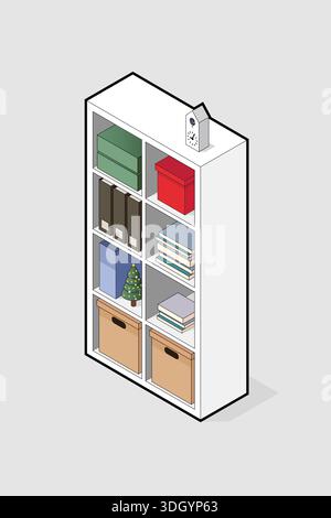 Isometric shelves with books and objects decoration. Vector illustration Stock Vector