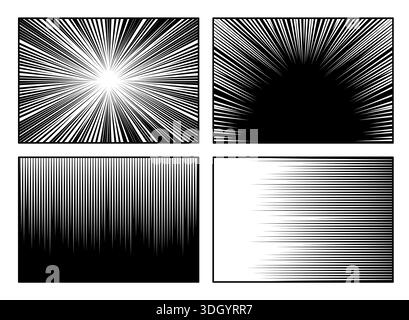 Set of black and white comic book background design radial speed lines sunburst and motion effect patterns for manga or superhero action scenes Stock Vector
