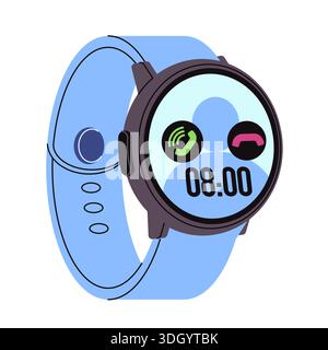 Blue round smart watch vector illustration incoming call screen with accept and reject buttons digital time display modern wearable technology device Stock Vector