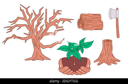collection of environmental icon deforestation reforestation concept dead dry tree pile of wood logs stump hands holding sapling plant ecology nature Stock Vector