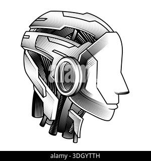 hand drawn vintage engraving style vector illustration of humanoid robot head profile view artificial intelligence mind cybernetic brain black and Stock Vector