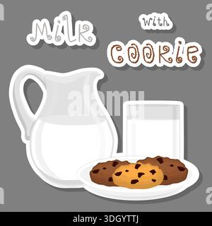 Illustration on theme transparent jug with white milk and tasty homemade cookies, liquid useful milk in glass jug of pile circle cookies, natural swee Stock Vector