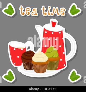 Illustration on theme set of teakettle for tasty tea with sweet dessert cupcake, tea in teakettle near cupcake it collection accessory on kitchen, fre Stock Vector