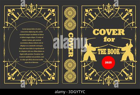 Black and gold book cover design featuring two samurais fighting with swords Stock Vector