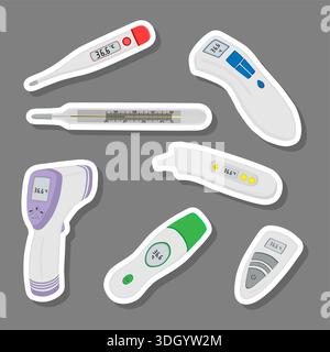 Illustration on theme set different types of thermometers for prevention coronavirus, thermometer consisting of med accessory with prevention coronavi Stock Vector