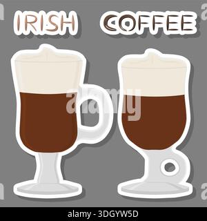 Illustration for cocktail creamy Irish coffee in glass cup with foam, coffee pattern consisting of cups hot cappuccino coffee with whiskey, whipped cr Stock Vector