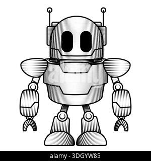 classic standing robot character with round head and antenna retro futuristic assistant hand drawn vintage engraving style vector Stock Vector