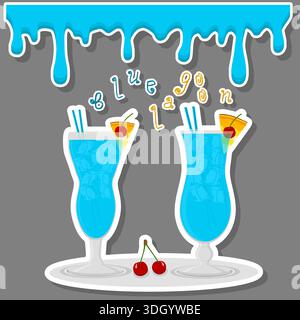 Illustration on theme of beautiful alcohol cocktail blue lagoon, bright blue lagoon consisting of full glass cup with transparent cocktail and cubes i Stock Vector