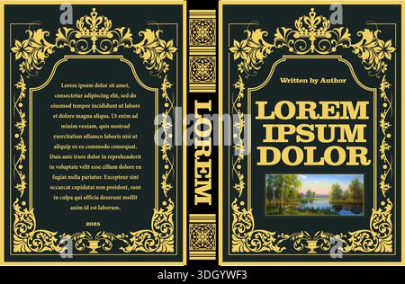 Book cover design featuring an intricate floral design, a landscape illustration, and a title written in a bold, serif font Stock Vector