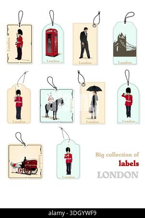 Set of labels showing famous symbols and characters related to london and uk tourismv Stock Vector