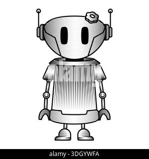 cute female robot character with flower on head friendly artificial intelligence assistant hand drawn vintage engraving style vector illustration Stock Vector