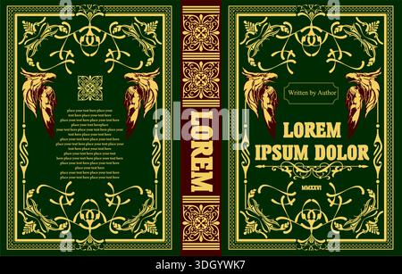 Elegant vintage book cover design featuring two eagles and floral ornaments on a green background Stock Vector