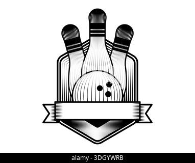 vintage bowling sport logo illustration featuring ball and pins with shield badge in retro woodcut style vector art isolated tournament emblem Stock Vector