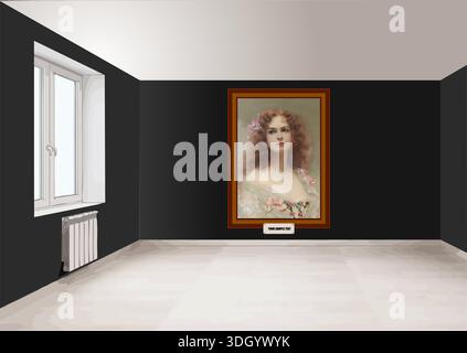 Minimalist gallery interior featuring a classical portrait painting of a woman with flowers in her hairv Stock Vector