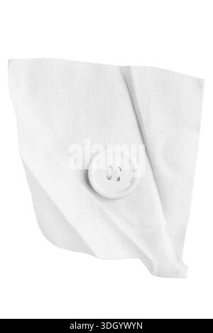 White button sewn on white fabric sample isolated on white background Stock Photo