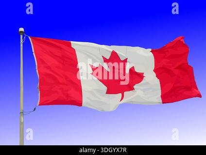 Large canadian flag waving in the wind, with a clear blue sky providing a bright and vibrant background Stock Vector