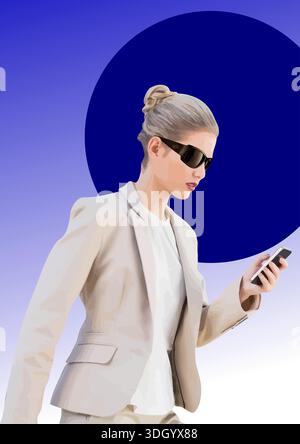 Businesswoman wearing sunglasses walking and checking her smartphone on a blue graphic background Stock Vector