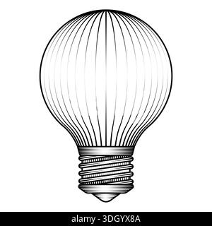 round globe light bulb illustration in vintage woodcut style black and white vector art electric lamp sketch classic sphere shape Stock Vector