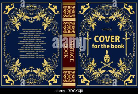 Gold foil floral pattern adorns navy blue cover of vintage book featuring spartan helmet and crossed swords Stock Vector
