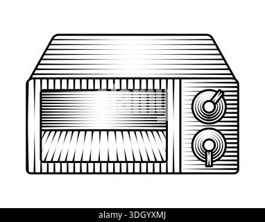 retro microwave oven illustration in vintage woodcut style black and white kitchen appliance cooking old fashioned engraved drawing sketch design Stock Vector