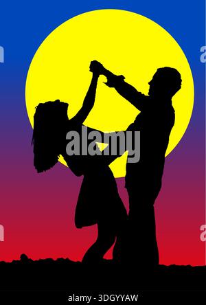 Romantic couple dancing silhouette in front of a full moon Stock Vector