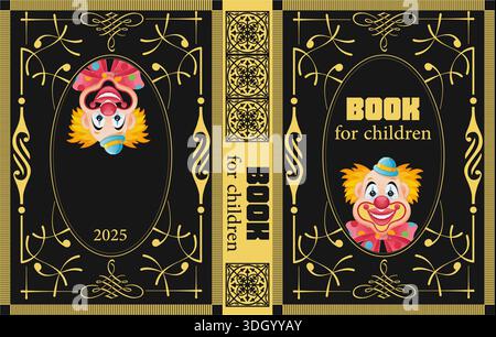 Children book cover template featuring two smiling clowns in a black and gold design Stock Vector