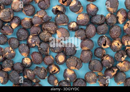 Soap nuts  top view natural detergent background. Eco friendly zero waste concept for organic laundry and household cleaning, ideal for packaging, bra Stock Photo