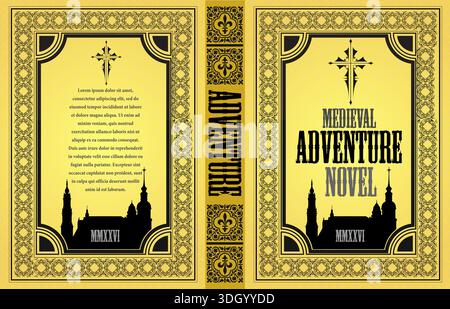 This medieval book cover design is featuring a fleur-de-lis pattern and cityscape silhouette Stock Vector