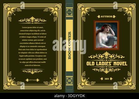 Book cover design featuring elegant golden frames and floral ornaments on a green background Stock Vector