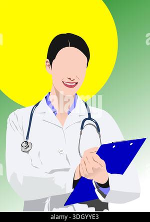 Female doctor is smiling while holding a clipboard and wearing a stethoscope around her neck Stock Vector