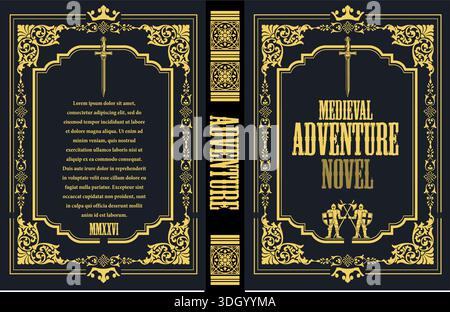 This vintage book cover design is featuring two knights holding swords and shields Stock Vector