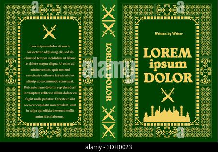 Ornate book cover design featuring crossed swords and a mosque silhouette, evoking a sense of history and adventure Stock Vector