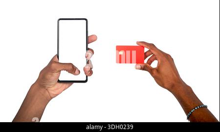 Hand holding phone and card, man using mobile device for online payment and shopping, digital transaction concept with security and technology. Isolat Stock Photo