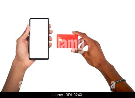 Hand holding smartphone and debit card, man using mobile device for online payment, secure shopping and digital transaction concept with technology. I Stock Photo