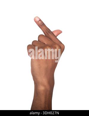 Hand with index finger pointing upward, gesture indicating direction or attention, symbol of communication, expression, and notice. Isolated on white Stock Photo