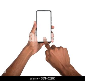 Phone in african hand with finger touching screen, user interacting with smartphone interface, digital device for app use and modern technology concep Stock Photo