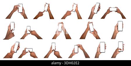 Phone in hand with finger scrolling screen, male user interacting with smartphone device, modern communication and technology collection concept. Isol Stock Photo