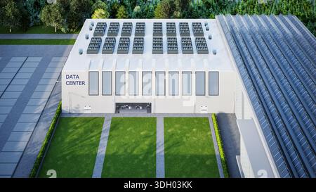3d rendering data center building exterior with solar panels on roof Stock Photo