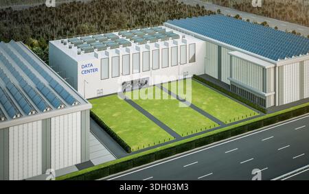 3d rendering data center building exterior with solar panels on roof Stock Photo