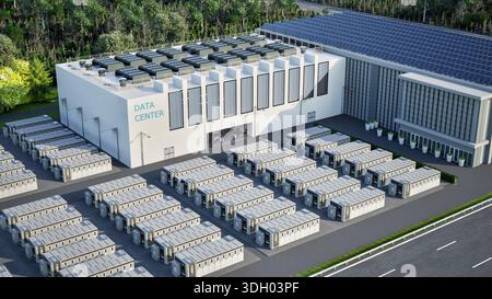 3d rendering energy storage systems or battery container units with solar energy for data center Stock Photo