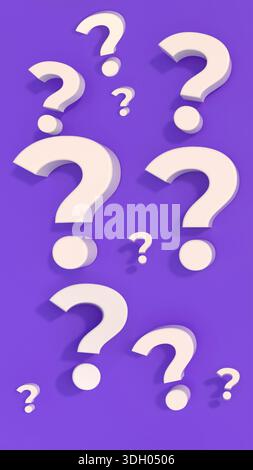 Cluster of white 3d question marks in varying sizes symbolizing inquiry, doubt, problem solving, decision making and discovery Stock Photo