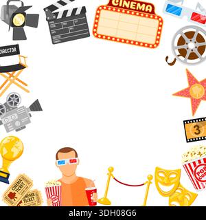 Cinema and Movie time frame with flat icons masks, 3D glasses, clapperboard, signboard and viewer with popcorn and soda in hands, isolated vector illu Stock Vector